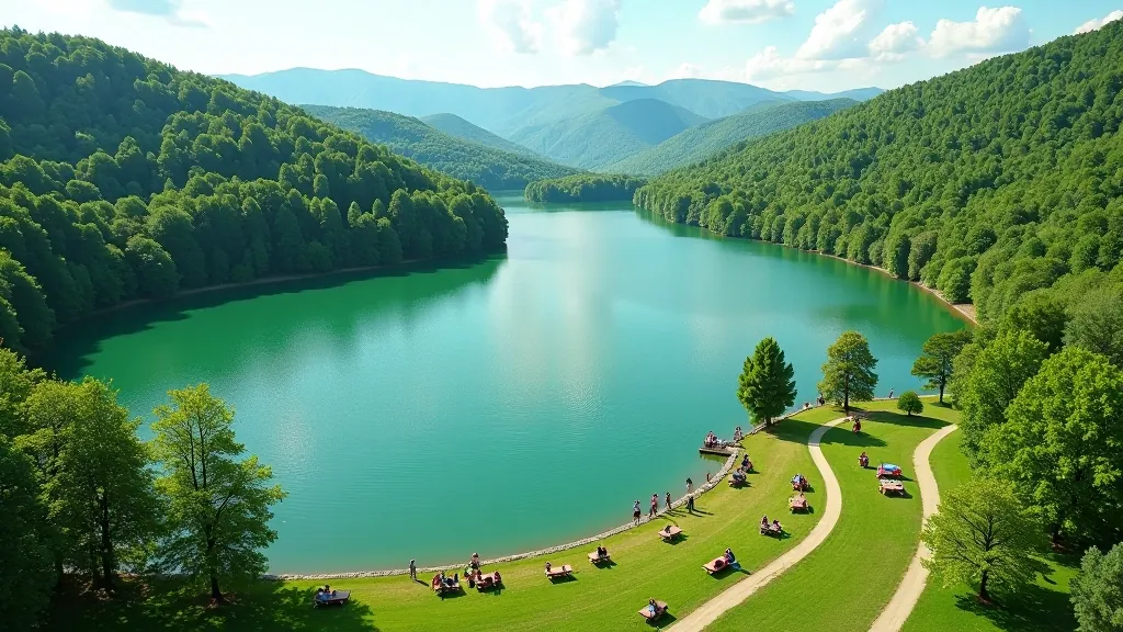 Letecký pohled na Machovo jezero s barevnými stany a skupinami lidí v piknikových zónách