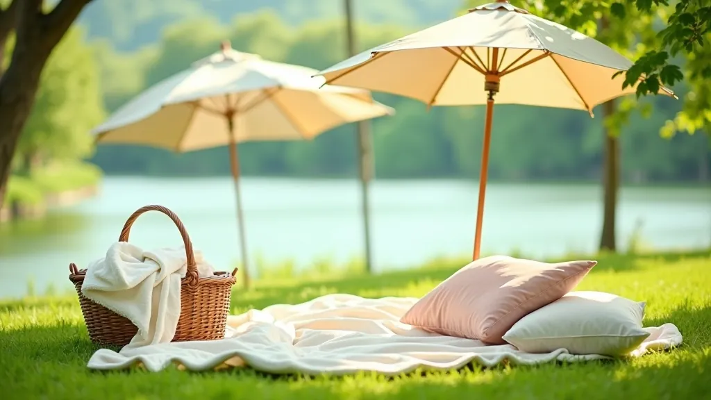 Piknikový setup se slunečníkem, dekou, polštáři a veškerým nezbytným vybavením na trávě u jezera