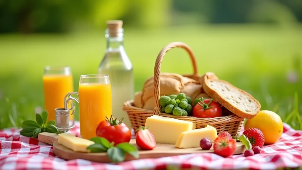 Piknikový koš s chlebem, sýrem, ovocem a lahví s pitím na piknikové dece