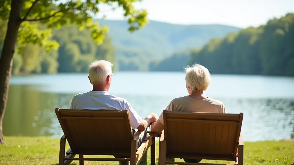 Senioři si užívají relaxaci u jezera v přírodním prostředí